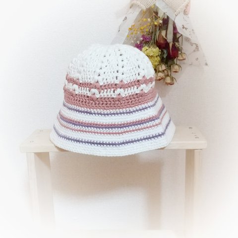 手編みの日よけ付きニット帽♡1～4才サイズ☆33