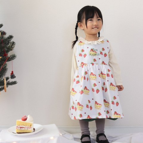 Kids Bon Appétit!の刺繍が可愛い/メッセージ刺繍入りワンピース/いちごのショートケーキ柄