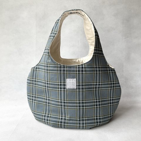 ころりんバッグ　Lサイズ　ショルダー　トートバッグ　＊kororin bag＊軽い＊大きめ＊ざっくり＊タータンチェック＊くすみグリーン＊