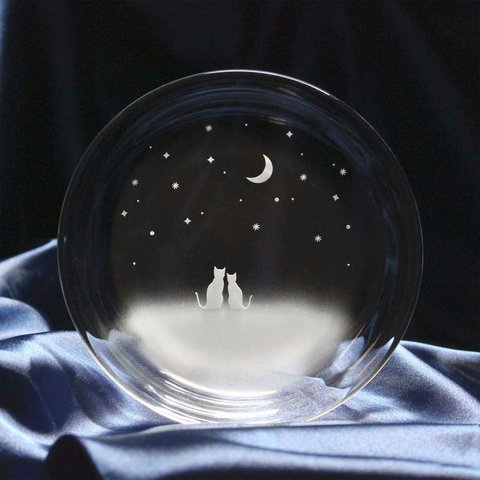 【一緒にみる三日月の夜空】猫モチーフのガラス小皿 ★名入れ加工対応品（有料）