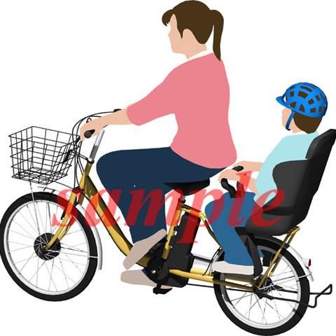 サイクリングする母親と子供「電動自転車」の背景透明イラスト022