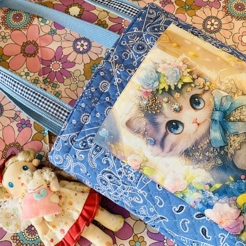ブルーローズ＆素敵なブルーティカの猫ちゃん×レトロアニマル+小花×ギンガムハンドルトートバッグ
