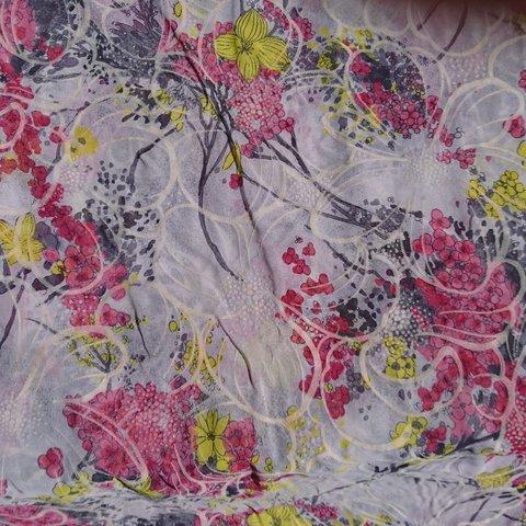 (b40)シアーグレー×ピンク 水彩画 フラワー アート シースルー 花柄