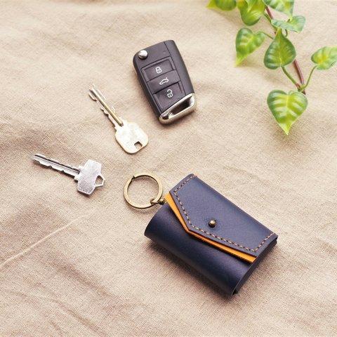  ✻　🚗スマートキーケース　～simple ◐two-tone ～　✻ 　牛革　✻　濃藍（こあい）　×　濃キャメルオレンジ　✻ 　✻ ⑧✻