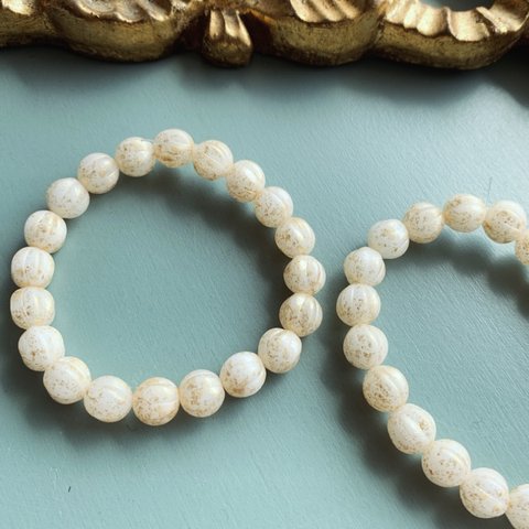 【1連20コセット】JIRI＊IVANA#czech beads#チェコビーズ　melonround8㍉ luster pearl white/gold rain24m