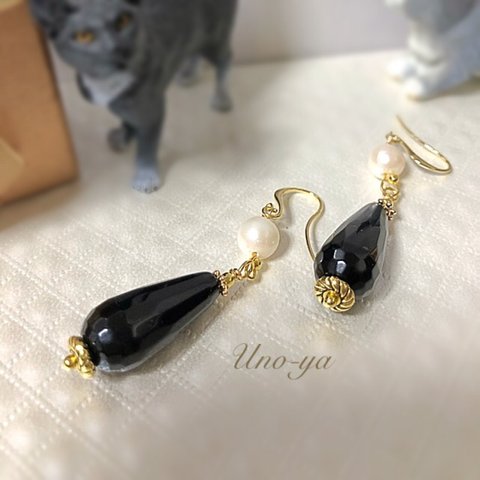 ［Noble Black］オニキス＆パールピアス #母の日