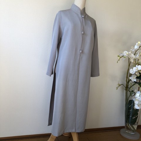 紬無地のアオザイ風コートドレス／着物リメイク・一点物・和服・和服リメイク