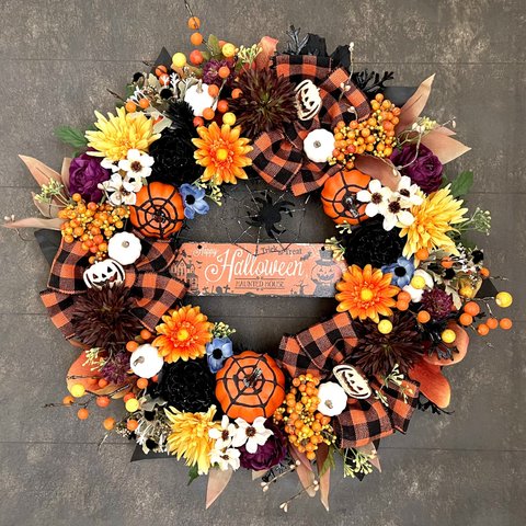 No.wreath-15516★特大ハロウィンリース23-(1)蜘蛛の巣&ハロウィンプレート　50cm・アーティフィシャルフラワー/造花リース/秋のリース/ハロウィンリース/大型リース