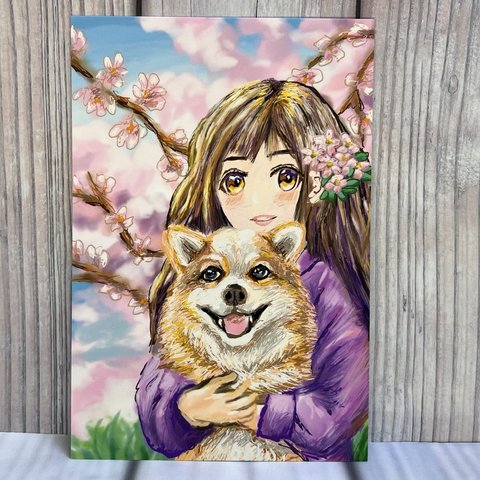桜のポストカード　女の子とわんちゃん　同柄ポストカード３枚セット