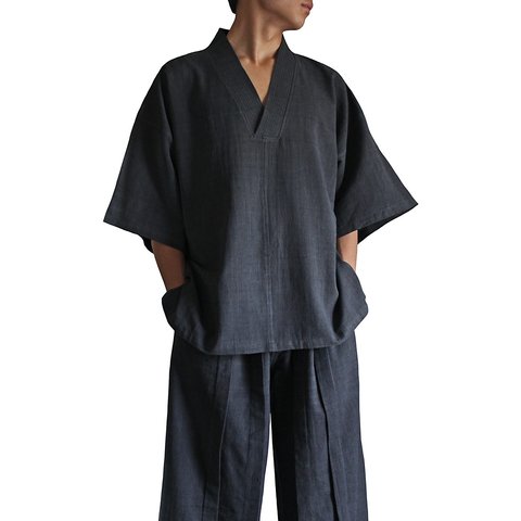 ジョムトン手織り綿の着物Ｖ五分袖プルオーバー（BFS-104）