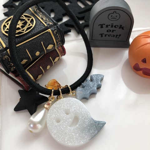 【SALE】送料無料 シャラランヘアゴム ハロウィンヘアゴム オバケ レジンアクセサリー ビーズアクセサリー