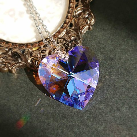 再販)激レア✳特大ハート ロザリンブルーオーロラのネックレス／ヴィンテージSWAROVSKI