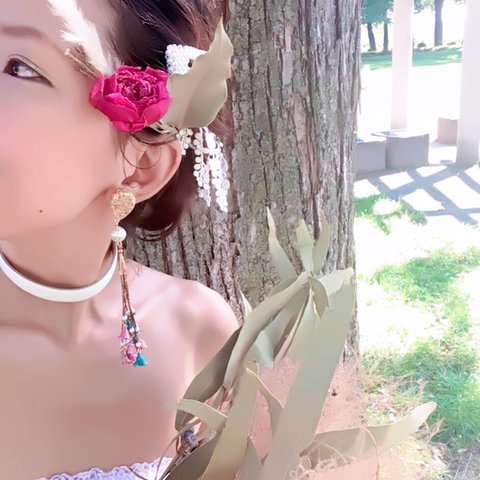 Vintage Bridal Jewelry ブライダル ハンドメイド イヤリング ゴールド アールヌーヴォー 風 アンティーク ゴールド パール チェーン タッセル ブルー ピンク フラワー