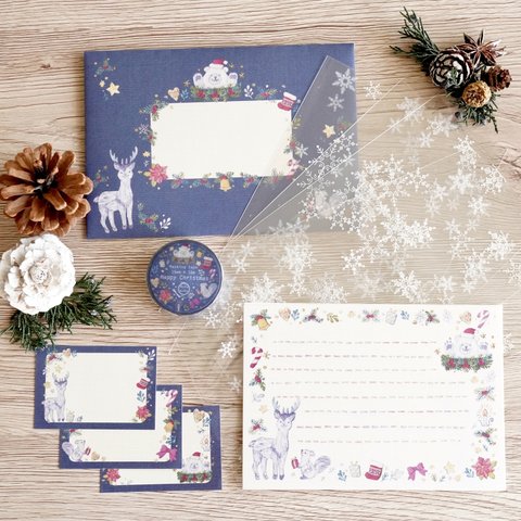 [クリスマスラッピングセット]おまとめセット＋ラッピング袋✳︎動物刺繍デザイン✳︎Happy Christmas シロクマ、トナカイ、白い子リスのクリスマス