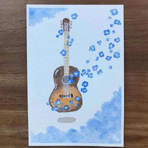 ＊青い花とギター＊ 原画　送料無料　ポストカード