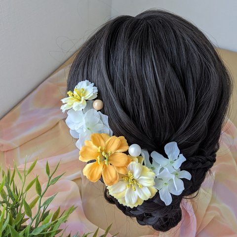 ヘッドドレス❀髪飾り　 ジニア×あじさい（イエロー）ヘアアクセサリー 　造花　ウェディング 　発表会　卒園式　成人式　卒業式　フラ