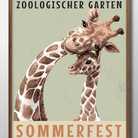 9028■A3アートポスター『ドイツ　ミュンヘン動物園　キリンの親子』絵画/イラスト/デザイン/上級マット紙採用