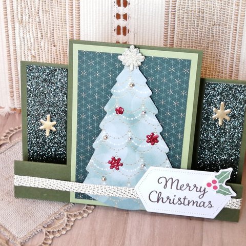 再販！《立てて飾れるおしゃれなツリーのクリスマスカード》グリーン☆立体