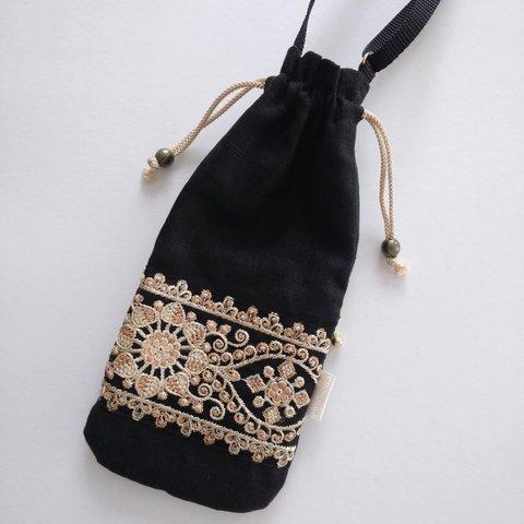 ❲大❳インド刺繍リボンの巾着スマホショルダー【black×gold】