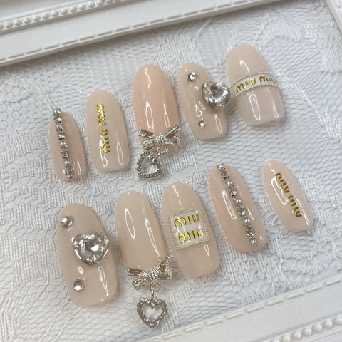 ブランドネイル | Lサイズ | miumiu | ネイルチップ | ロングネイル/ストーン/ハート/ロゴ/シルバー＆ゴールド/ピンク/オーバル