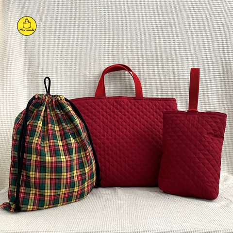 【完成品】3点セット　キルト　赤袋　入園入学　レッスンバッグ　くつ袋　お着替え袋　女の子