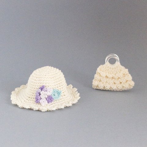 紫陽花の 帽子& グラニー バッグの セット　ピンク　リカちゃんサイズ