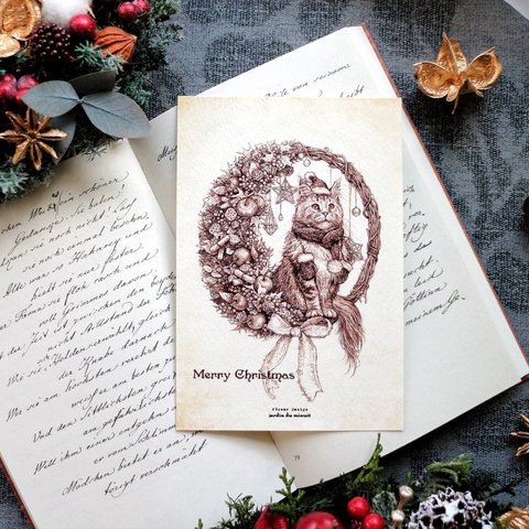 アンティーク調ポストカード 『猫と林檎と薔薇の実のクリスマスリース』　２枚セット    