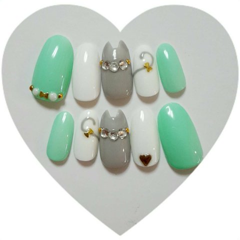 ネコ耳ネイルチップGrey×Mint