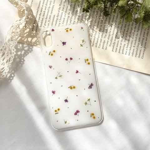 【アリッサム×ミモザ】 押し花スマホケース　全機種対応　iphoneケース　ソフトケース　手帳型ケース　スマホリング　SE2 8 6 11 12 13 14 11pro X xperia ミモザ　白