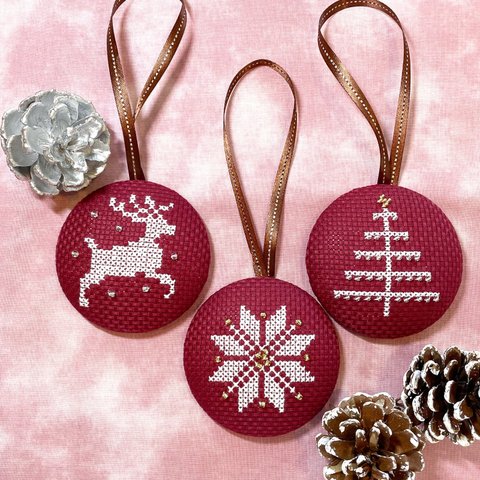 （3個セット）クリスマスオーナメント　クリスマス飾り　刺繍オーナメント