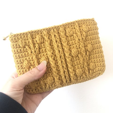 アランdeポーチ〈コットン・Yellow〉/かぎ針編み crochet  アラン模様　