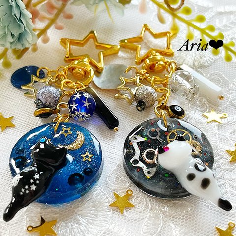 星空 ＆ スチームパンク風 ✨ 小さな猫のレジンキーホルダー・キーチェーン♡