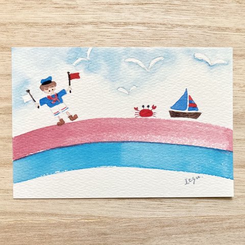 ⛵️透明水彩画「水兵さん」イラストポストカード２枚セット 暑中見舞いはがき マリン　海　暑中見舞い 残暑見舞い 夏⛵️