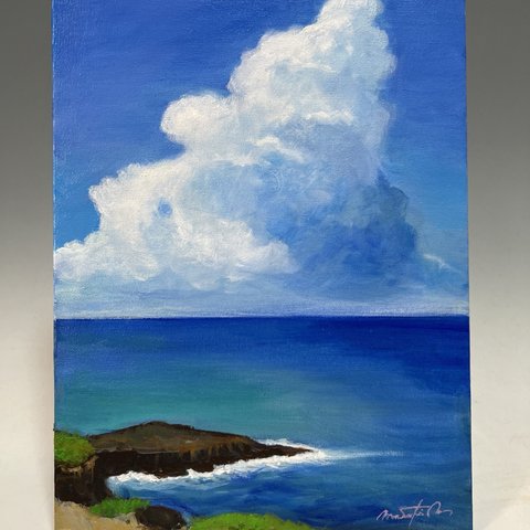 油彩画　入道雲と海