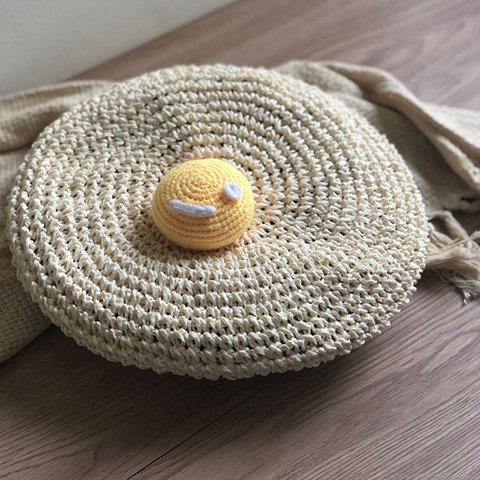 麻紐で作 編み物 目玉焼き ベレー帽  リネン 麻 綿麻 ニット帽  大人用 夏の日