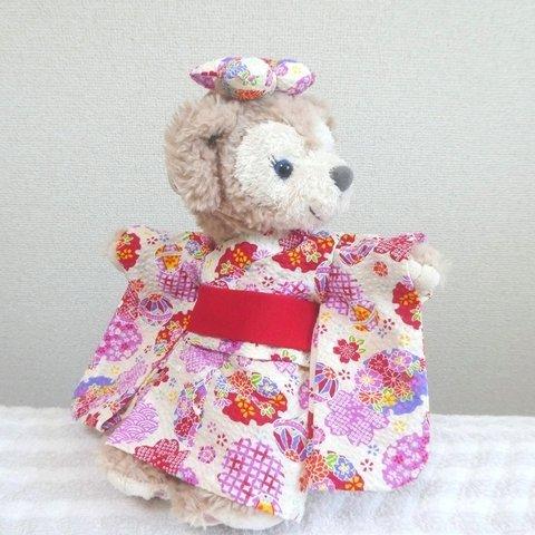 ポーチコグマの浴衣🐻🎀花と手毬と雪輪文*アイボリー　ぬいぐるみ用着せ替えコスチューム