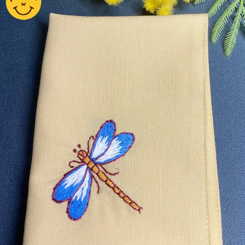 リネン手刺繍ハンカチ「トンボ」30cm×30cm「イエロー色」