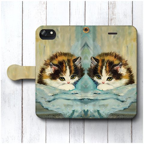 【Meta Pluckebaum 青い布の上の子猫】スマホケース手帳型 全機種対応 絵画 iPhone11promax XR GalaxyS10 