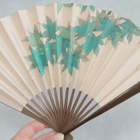 手描き　青紅葉扇子  Hand-painted blue autumn leaves fan