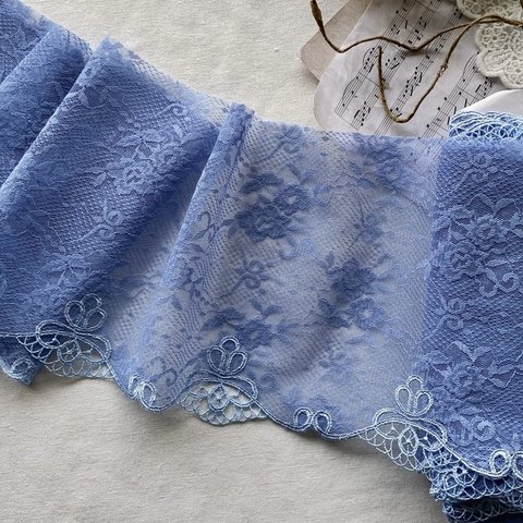 1m 広幅 美しい 花 フラワー ラッセルレース BK220507 ブルー系 ハンドメイド 手芸 素材 材料 DIY