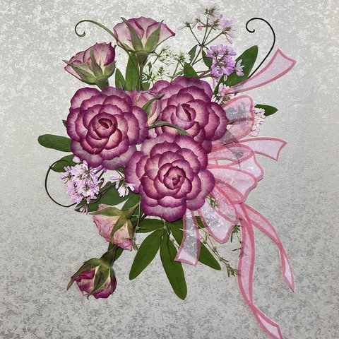 【押し花素材】バラ 薔薇 ユーフォルビア 時計草 リボン 花束