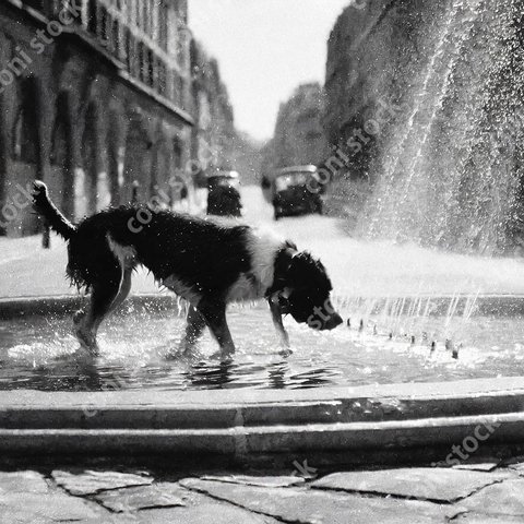 噴水で水遊びをする犬、レトロ風写真、アート、古い写真　conistock_33526