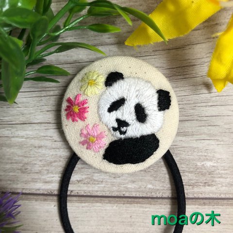 パンダ刺繍コスモスのヘアゴム🌼