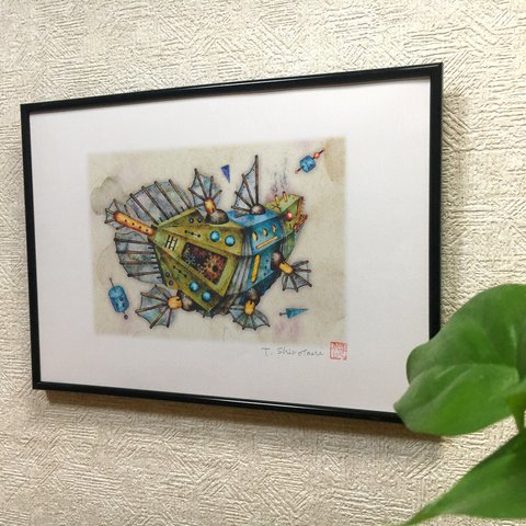 『機械仕掛けのリーフイーシードラゴン』デジタル版画 / A4サイズ　（作品のみ） 魚 深海魚 シーラカンス 水彩画 イラスト ファンタジック インテリア