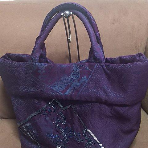 和の着物地、紫系シャンブレー地のトートバッグ