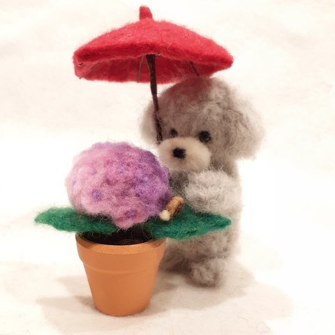 羊毛フェルトの犬　紫陽花に乗るかたつむりとトイプードル