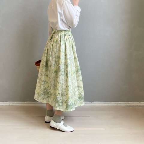 オリジナルテキスタイル「 花の庭 」フレアスカート。ダブルガーゼ。イエロー。【受注製作】