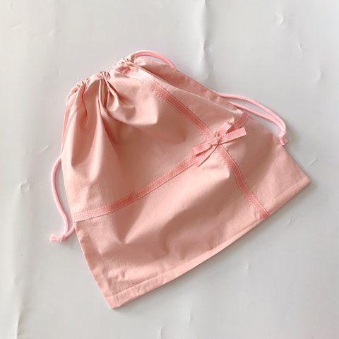 大きい巾着袋　ピンク×ステッチリボン