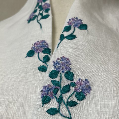 紫陽花ビーズ刺繍　麻半襟