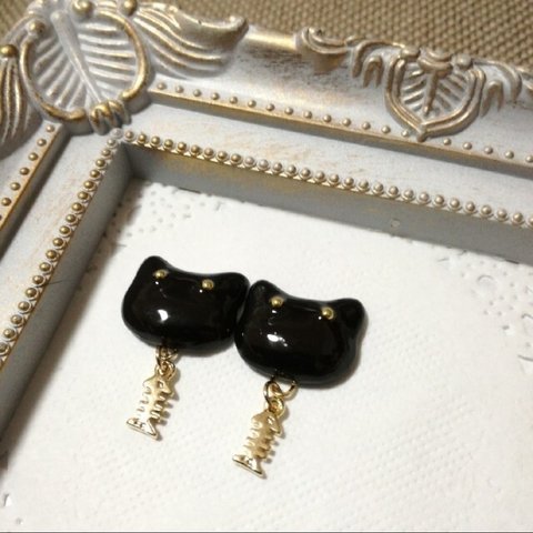 ♪黒猫×お魚チャーム　ピアス/イヤリング　レジンアクセサリー♪